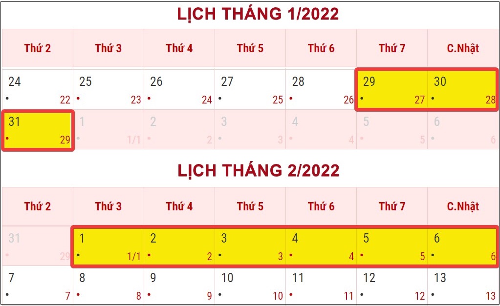 Lịch nghỉ Tết Nguyên đán Nhâm Dần 2022