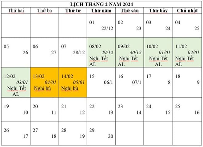 Lịch nghỉ tết giáp thìn 2024 của cán bộ, công chức, viên chức và người lao động.